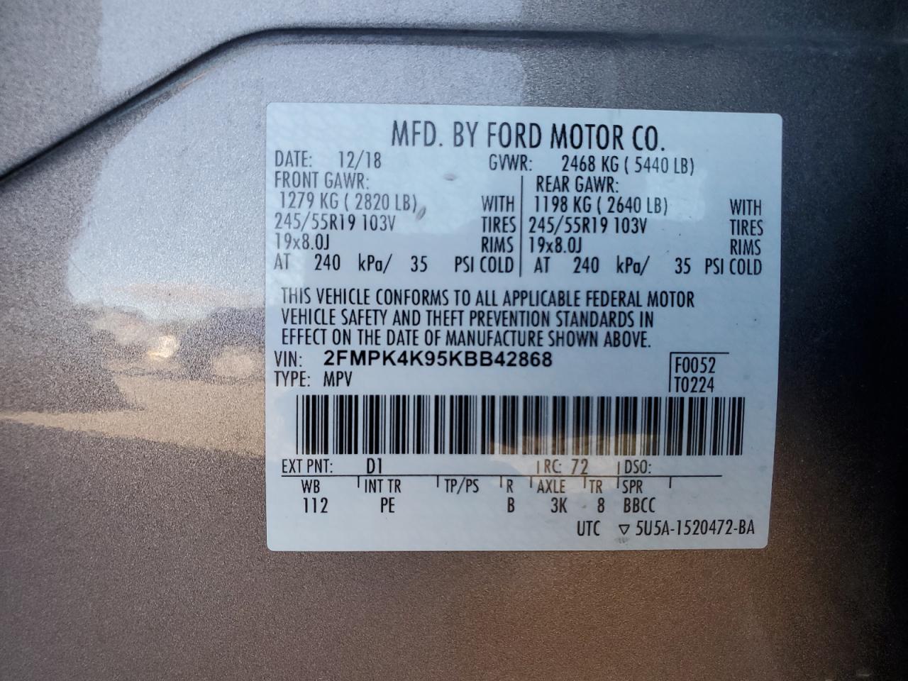 2019 Ford Edge Titanium VIN: 2FMPK4K95KBB42868 Lot: 87252835