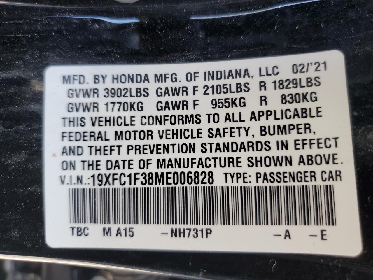 2021 Honda Civic Ex VIN: 19XFC1F38ME006828 Lot: 82260465
