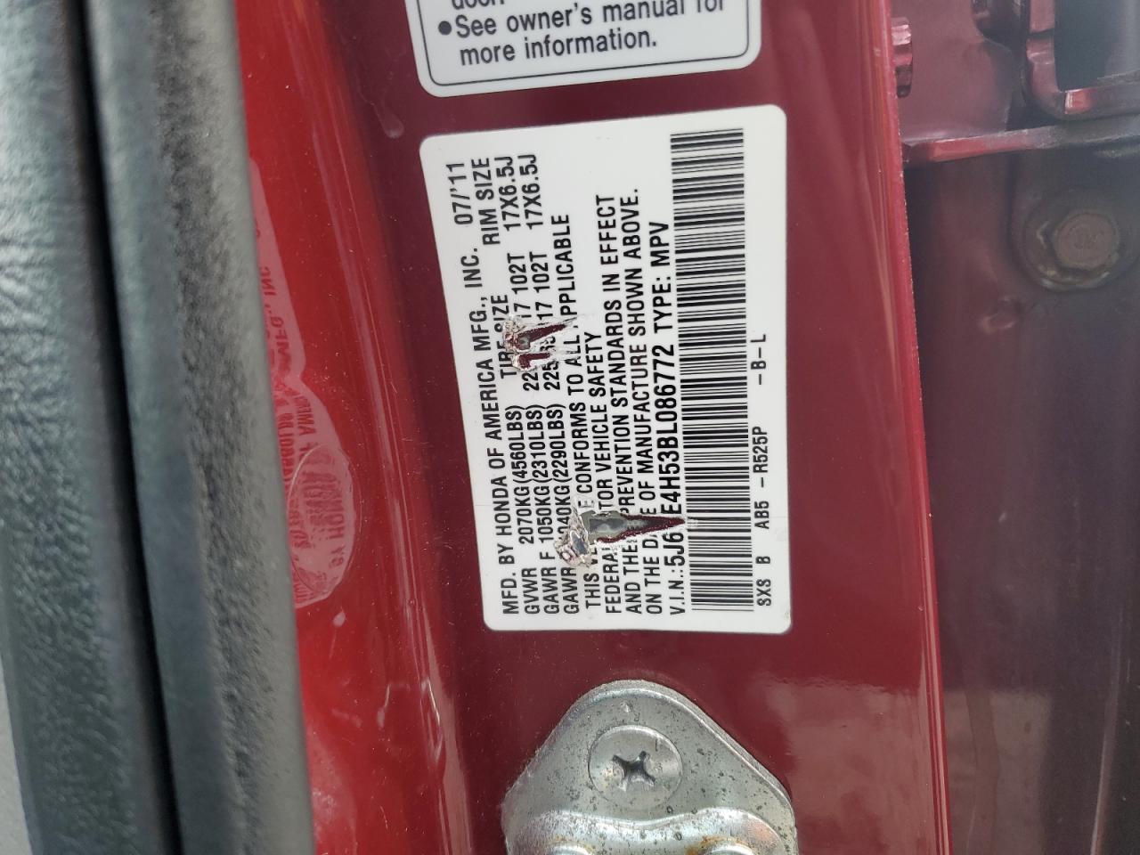 2011 Honda Cr-V Ex VIN: 5J6RE4H53BL086772 Lot: 85595195