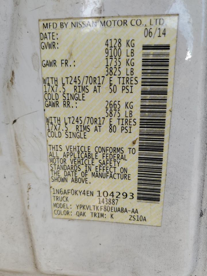 2014 Nissan Nv 2500 VIN: 1N6AF0KY4EN104293 Lot: 84541545
