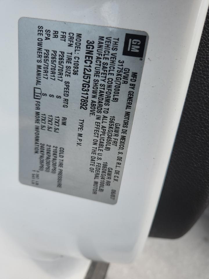 2007 Chevrolet Avalanche C1500 VIN: 3GNEC12J57G317892 Lot: 84835415