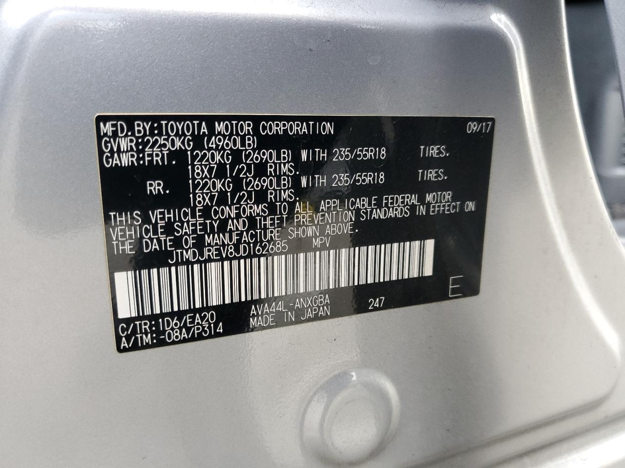 2018 Toyota Rav4 Hv Limited VIN: JTMDJREV8JD162685 Lot: 85007475