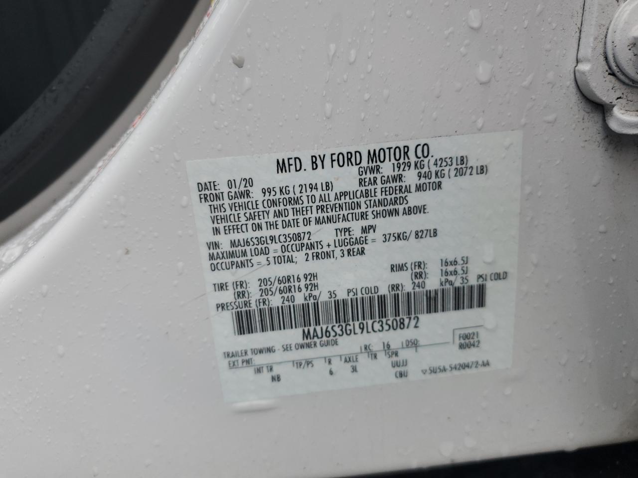 2020 Ford Ecosport Se VIN: MAJ6S3GL9LC350872 Lot: 90815585