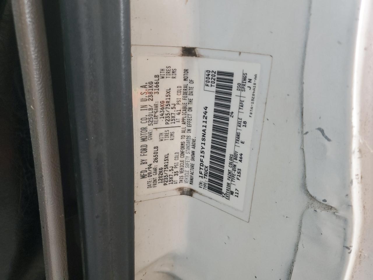 1995 Ford F150 VIN: 1FTDF15Y1SNA11244 Lot: 90398865