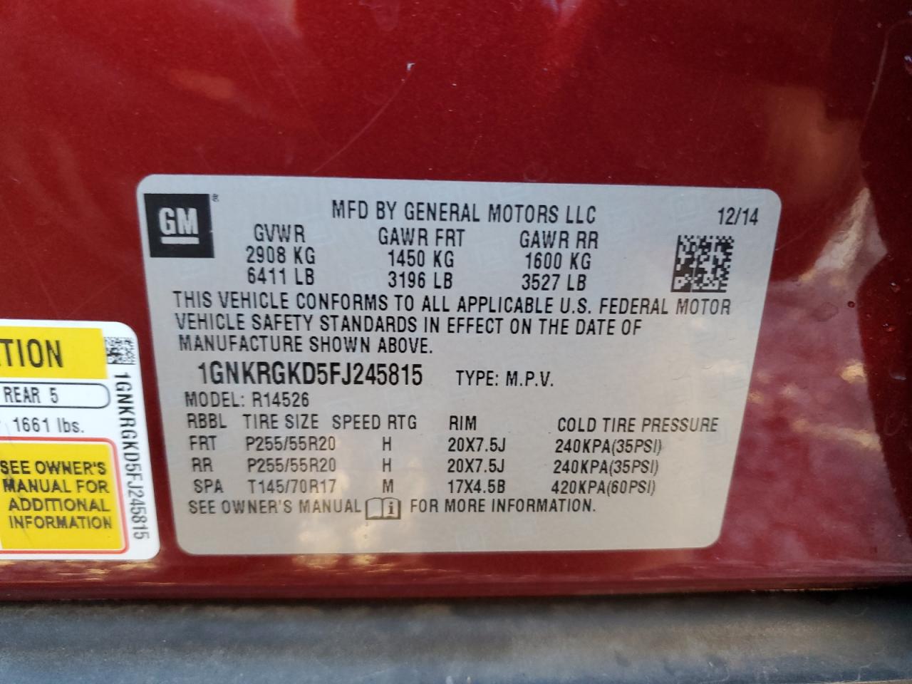 2015 Chevrolet Traverse Lt VIN: 1GNKRGKD5FJ245815 Lot: 85744575