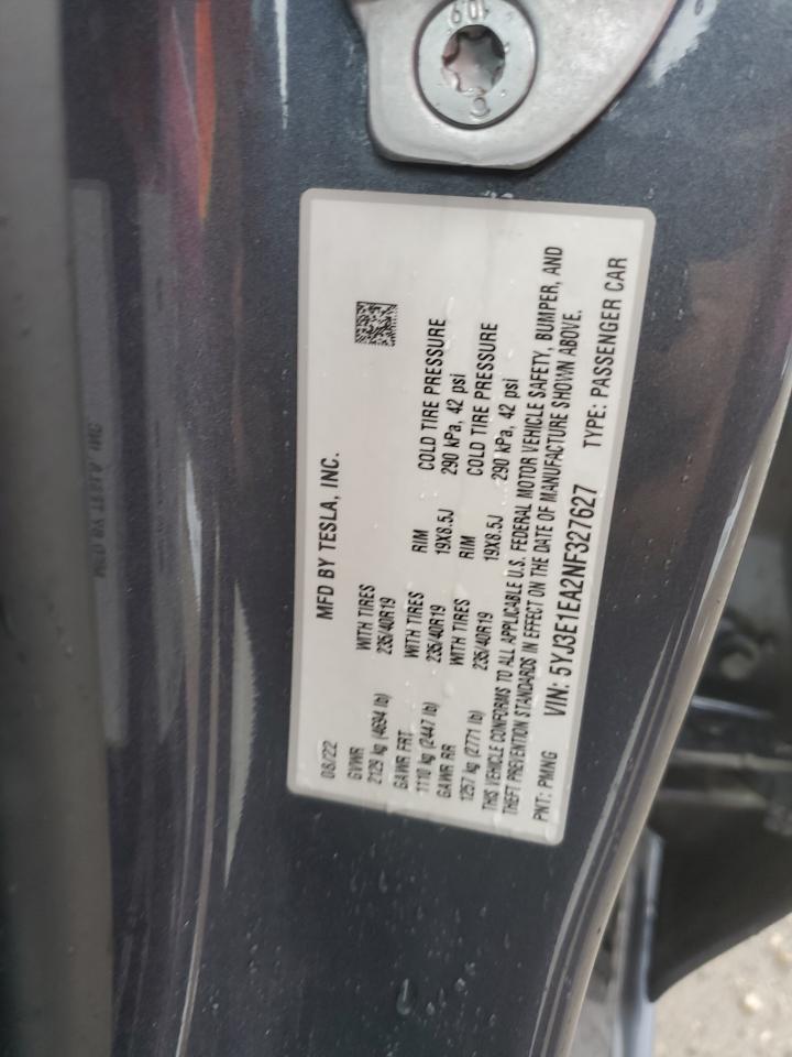 2022 Tesla Model 3 VIN: 5YJ3E1EA2NF327627 Lot: 82307545