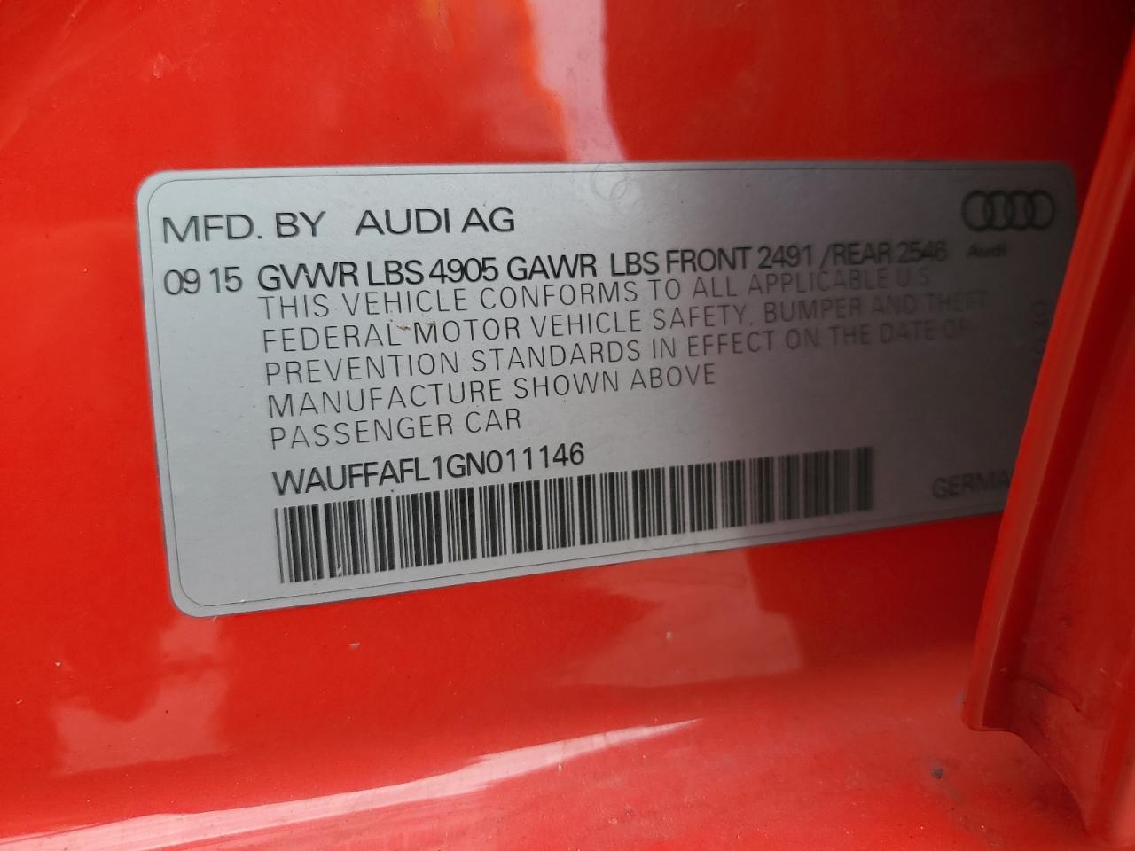 2016 Audi A4 Premium Plus S-Line VIN: WAUFFAFL1GN011146 Lot: 89716675