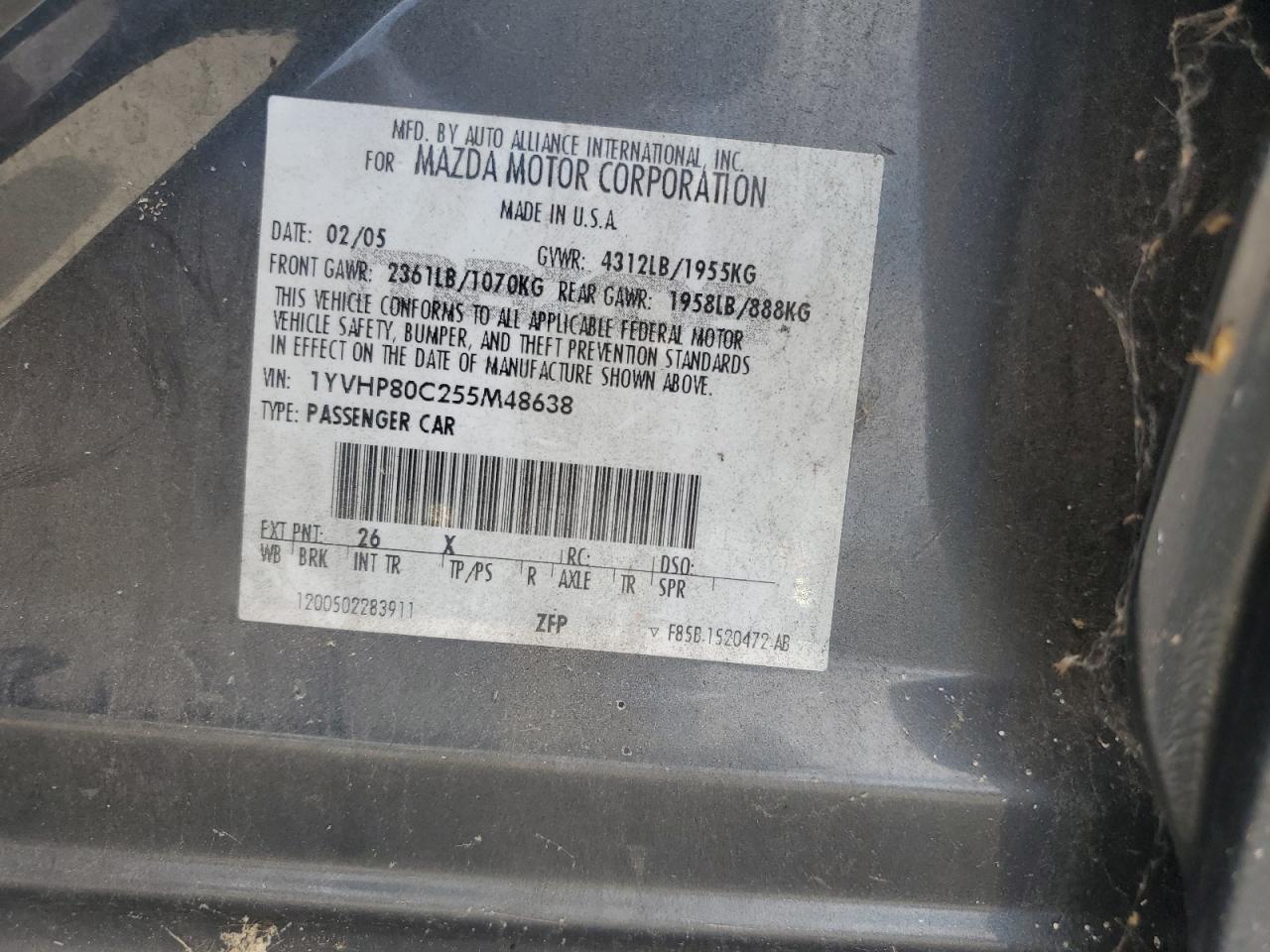 2005 Mazda 6 I VIN: 1YVHP80C255M48638 Lot: 82552385