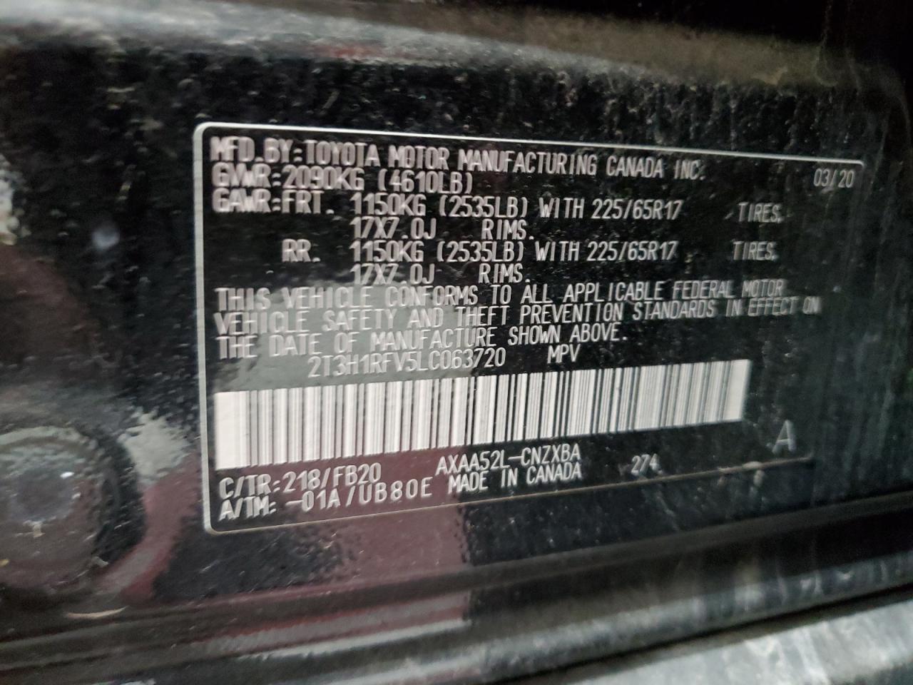 2020 Toyota Rav4 Le VIN: 2T3H1RFV5LC063720 Lot: 77943674