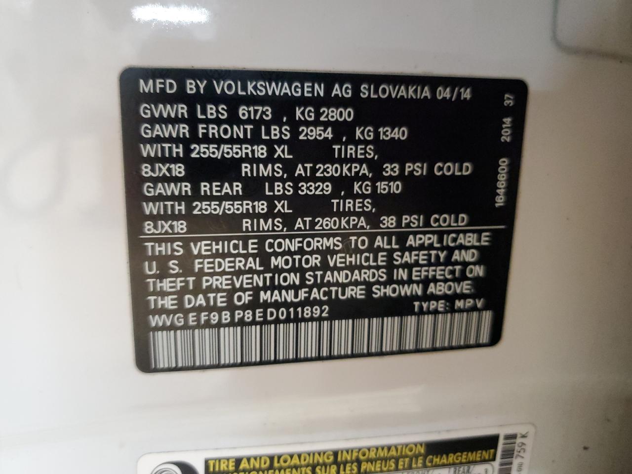 2014 Volkswagen Touareg V6 VIN: WVGEF9BP8ED011892 Lot: 82556465