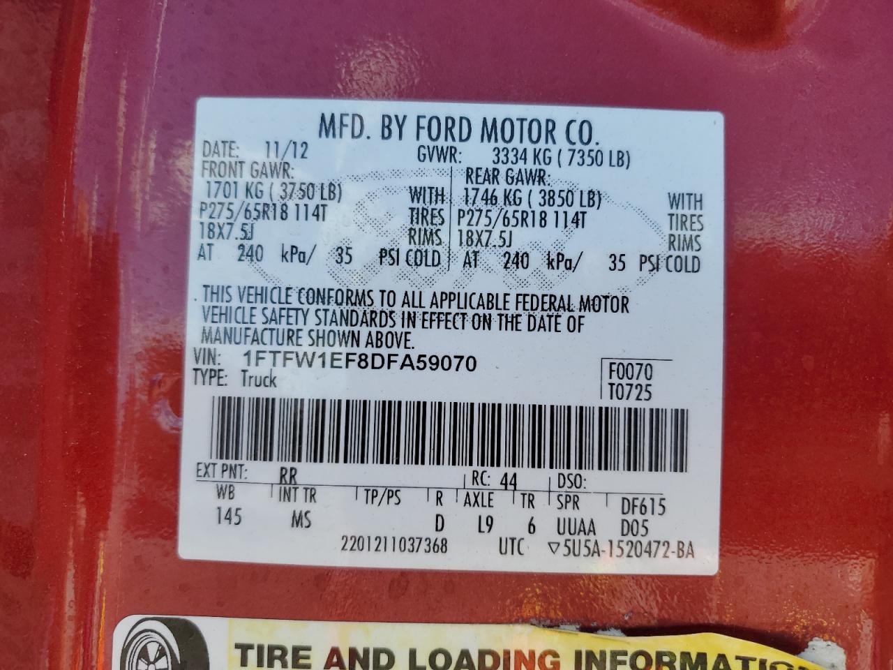 2013 Ford F150 Supercrew VIN: 1FTFW1EF8DFA59070 Lot: 82661055