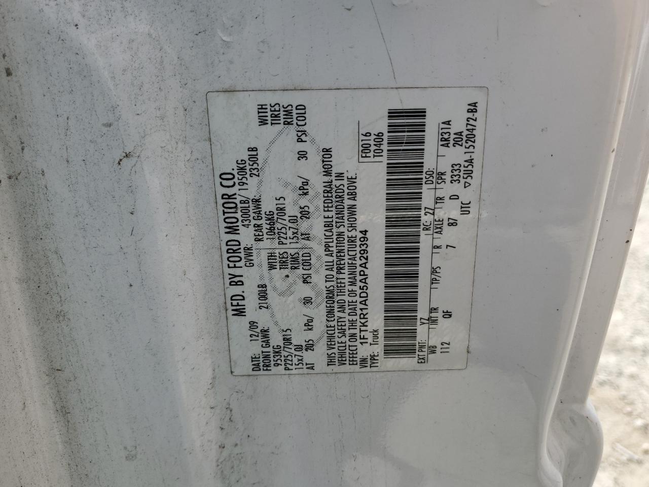 2010 Ford Ranger VIN: 1FTKR1AD5APA29394 Lot: 85072805