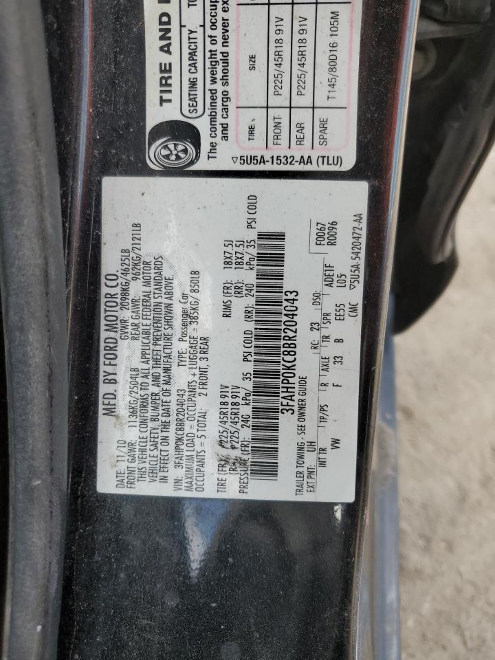 2011 Ford Fusion Sport VIN: 3FAHP0KC8BR204043 Lot: 84979495