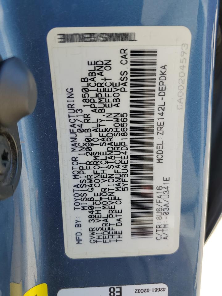 2013 Toyota Corolla Base VIN: 5YFBU4EE4DP186565 Lot: 86436285