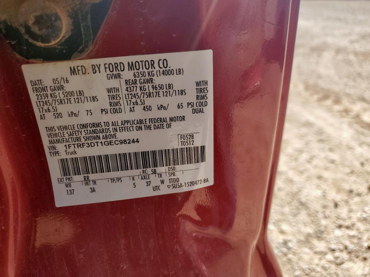 2016 Ford F350 Super Duty VIN: 1FTRF3DT1GEC98244 Lot: 85956085