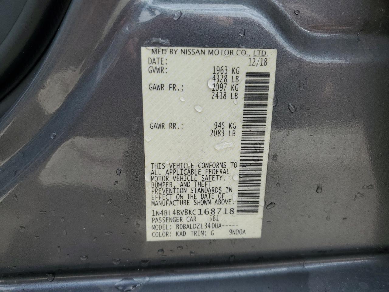 2019 Nissan Altima S VIN: 1N4BL4BV8KC168718 Lot: 85893975