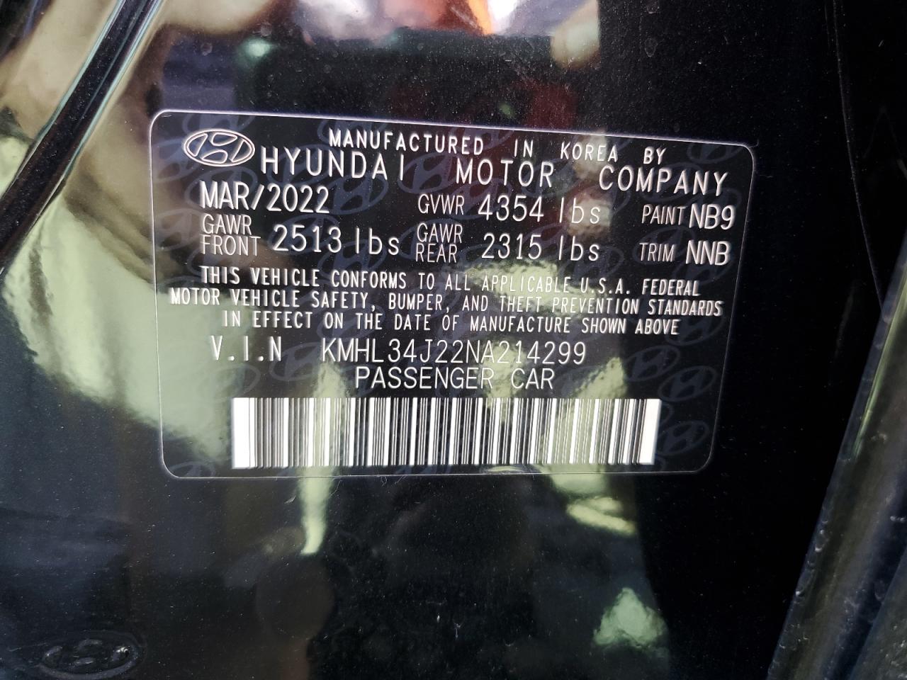 2022 Hyundai Sonata Limited VIN: KMHL34J22NA214299 Lot: 82347525