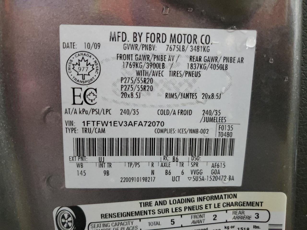 2010 Ford F150 Supercrew VIN: 1FTFW1EV3AFA72070 Lot: 86459785