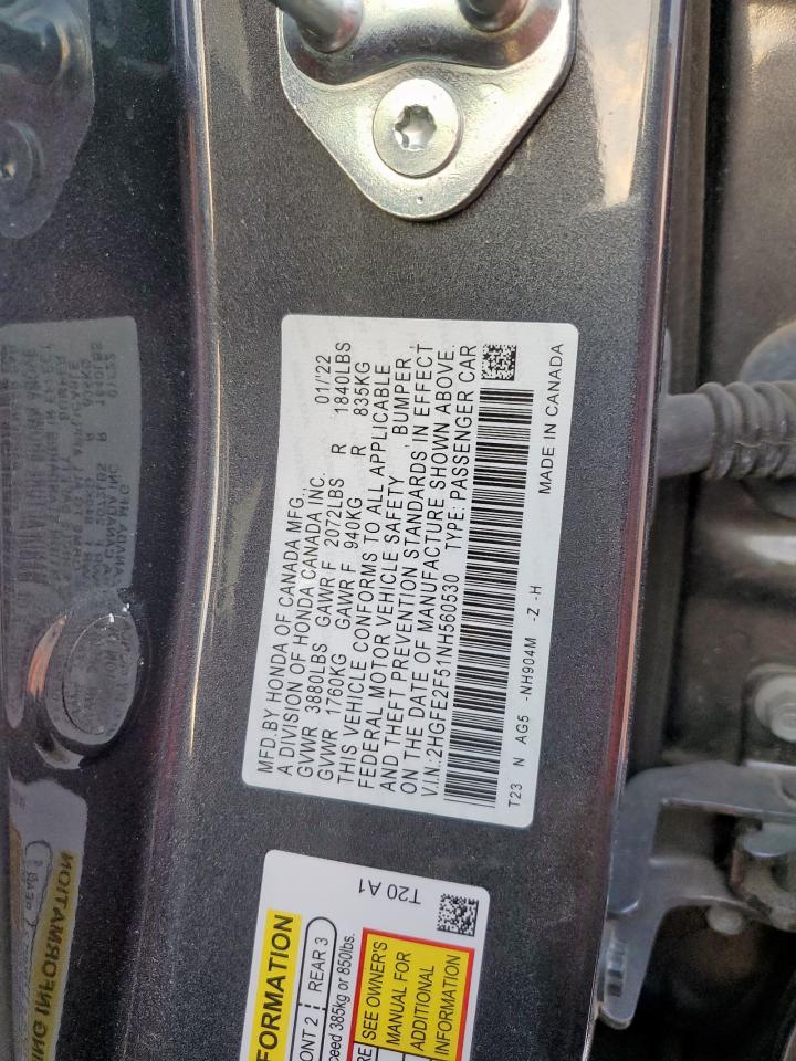 2022 Honda Civic Sport VIN: 2HGFE2F51NH560530 Lot: 82171275