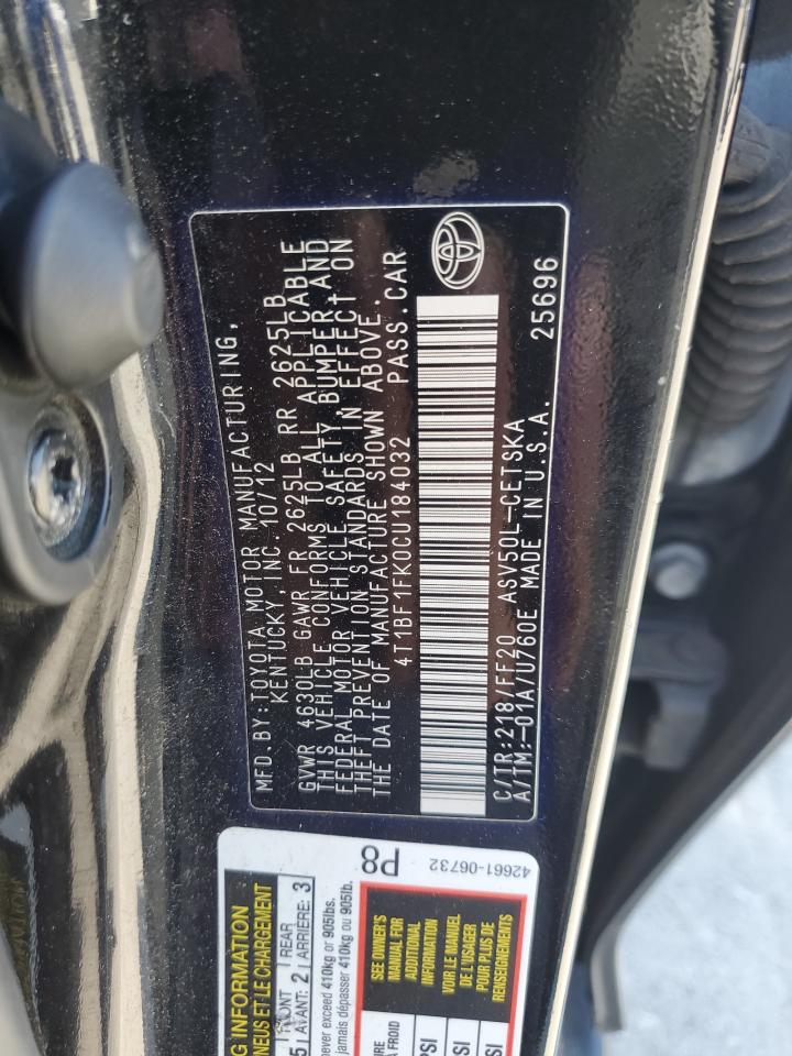 2012 Toyota Camry Base VIN: 4T1BF1FK0CU184032 Lot: 85147115