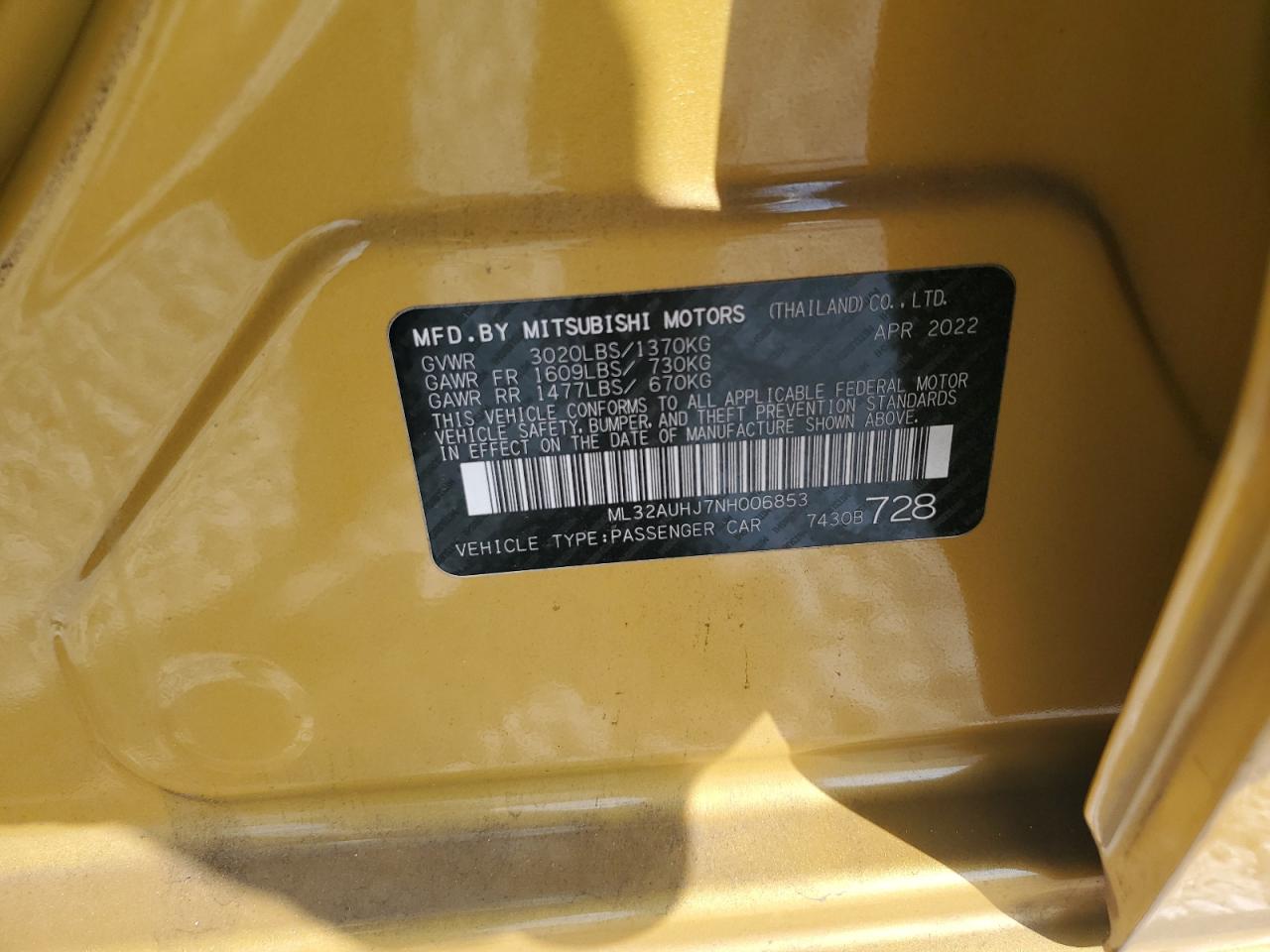 2022 Mitsubishi Mirage Es VIN: ML32AUHJ7NH006853 Lot: 87476475