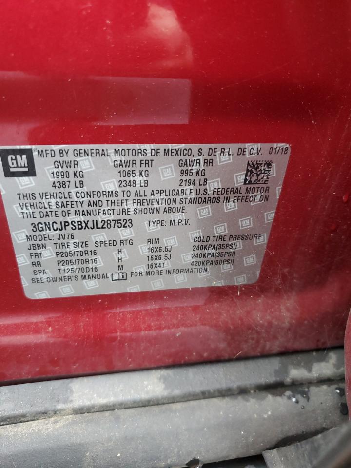 2018 Chevrolet Trax 1Lt VIN: 3GNCJPSBXJL287523 Lot: 82318235