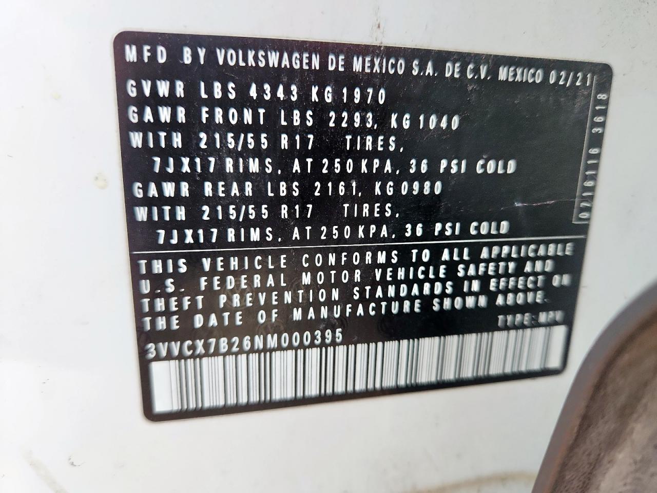2022 Volkswagen Taos S VIN: 3VVCX7B26NM000395 Lot: 85550075