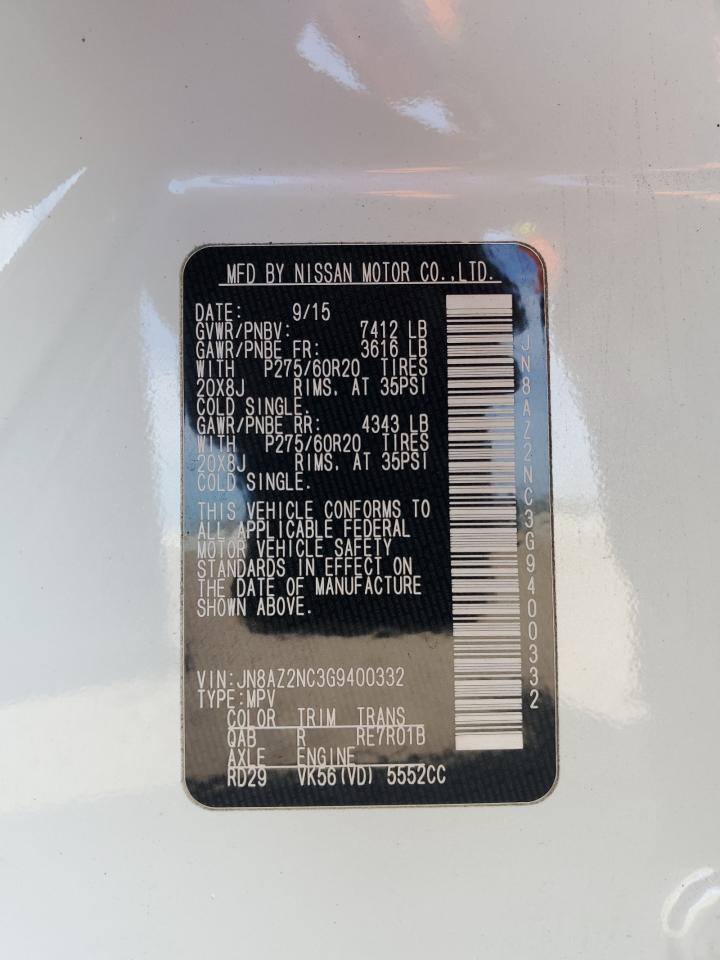 2016 Infiniti Qx80 VIN: JN8AZ2NC3G9400332 Lot: 85206025