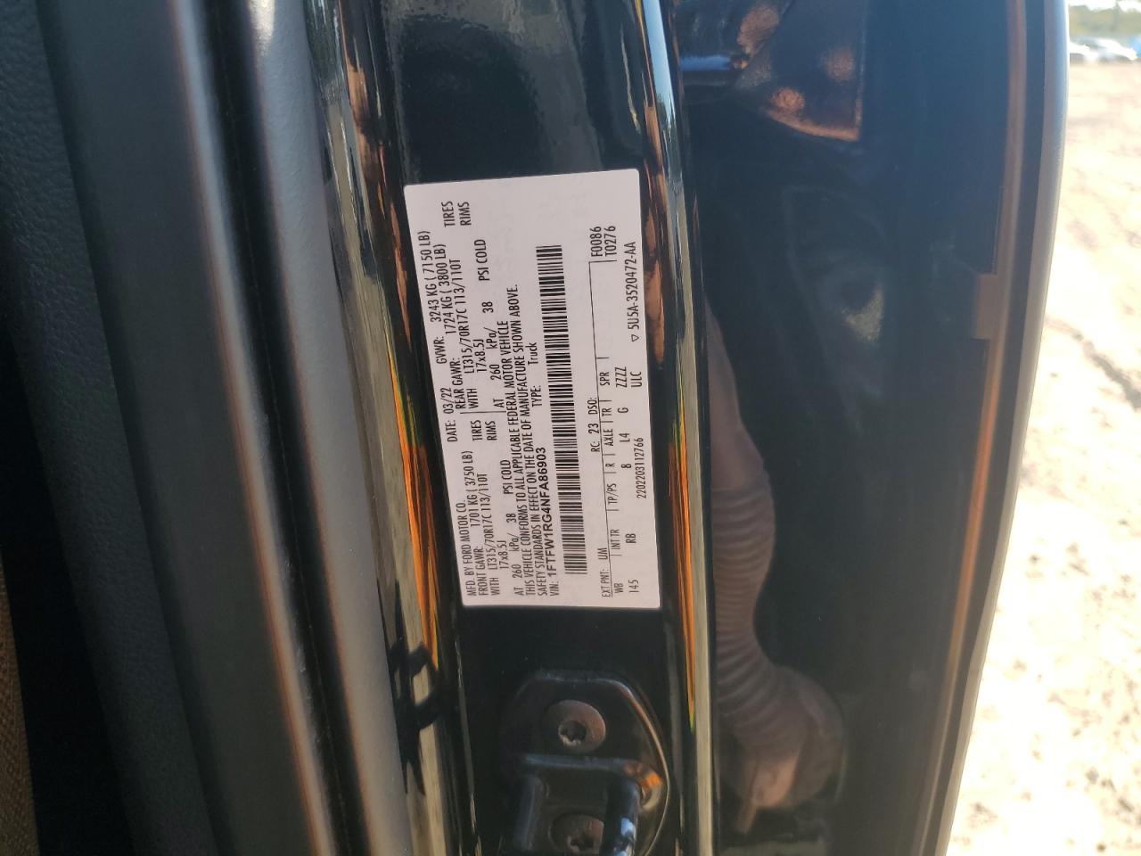 2022 Ford F150 Raptor VIN: 1FTFW1RG4NFA86903 Lot: 87103355