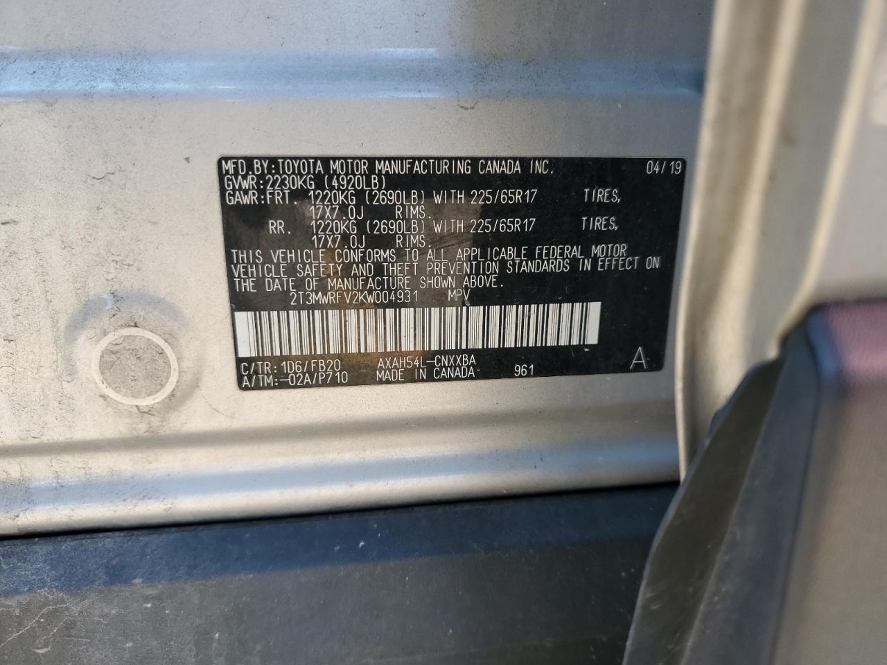 2019 Toyota Rav4 Le VIN: 2T3MWRFV2KW004931 Lot: 85833735