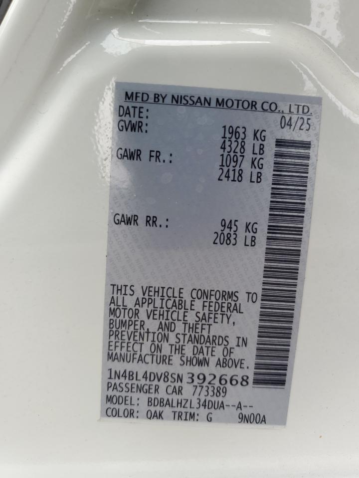 2025 Nissan Altima Sv VIN: 1N4BL4DV8SN392668 Lot: 85336555