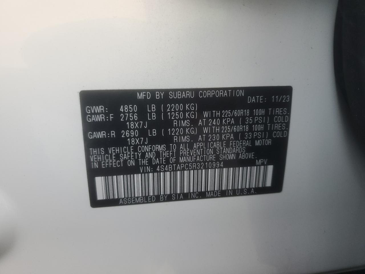 2024 Subaru Outback Touring VIN: 4S4BTAPC5R3210994 Lot: 84761685