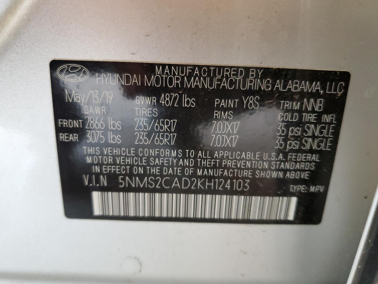 2019 Hyundai Santa Fe Se VIN: 5NMS2CAD2KH124103 Lot: 84646525