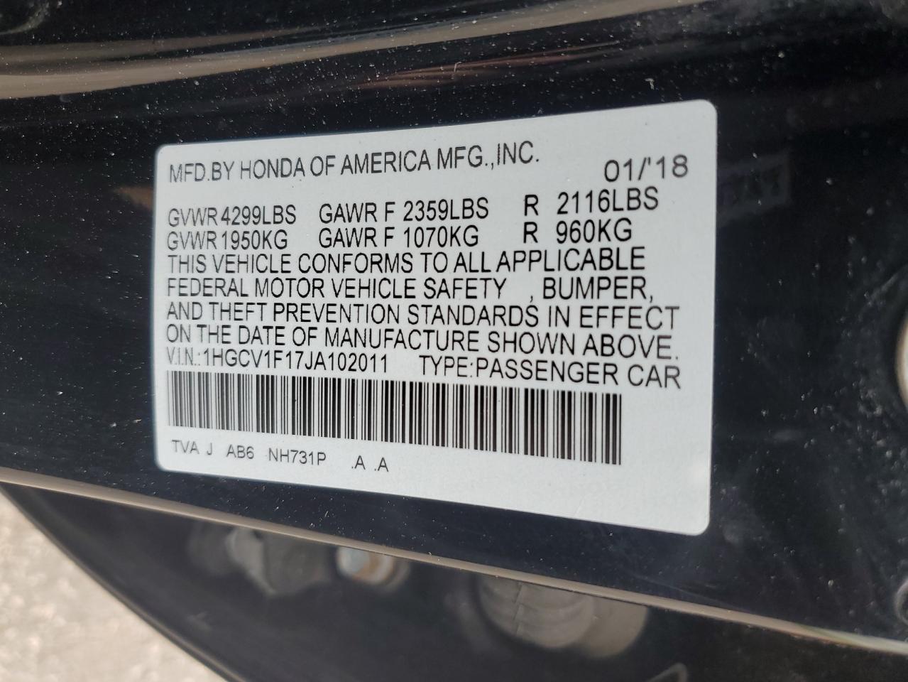 2018 Honda Accord Lx VIN: 1HGCV1F17JA102011 Lot: 85261115