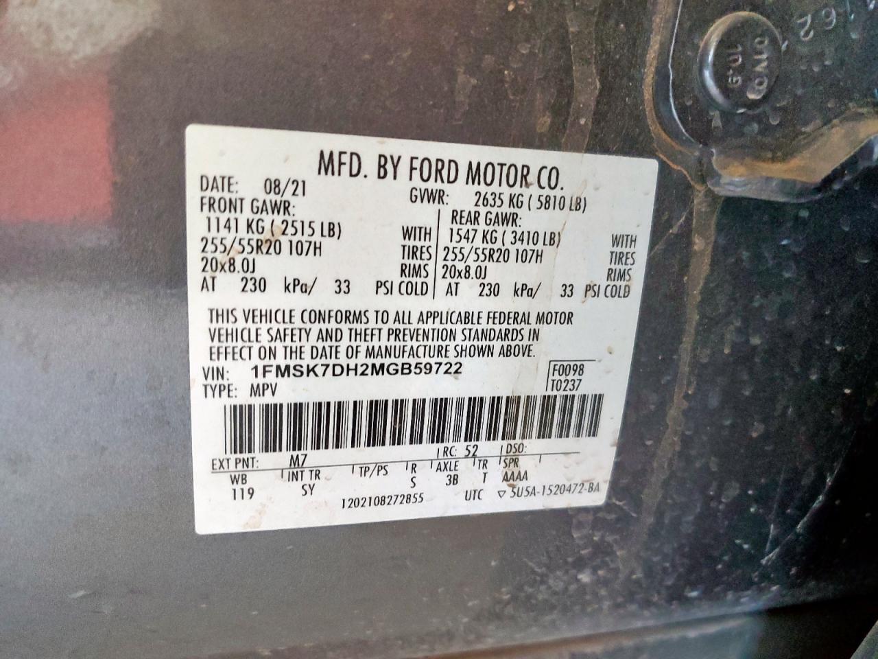 2021 Ford Explorer Xlt VIN: 1FMSK7DH2MGB59722 Lot: 85286695