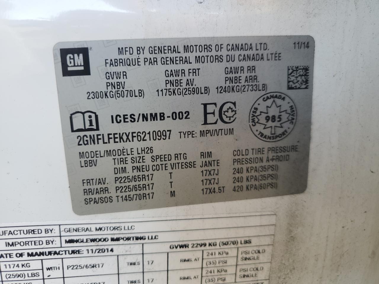 2015 Chevrolet Equinox Lt VIN: 2GNFLFEKXF6210997 Lot: 84073535