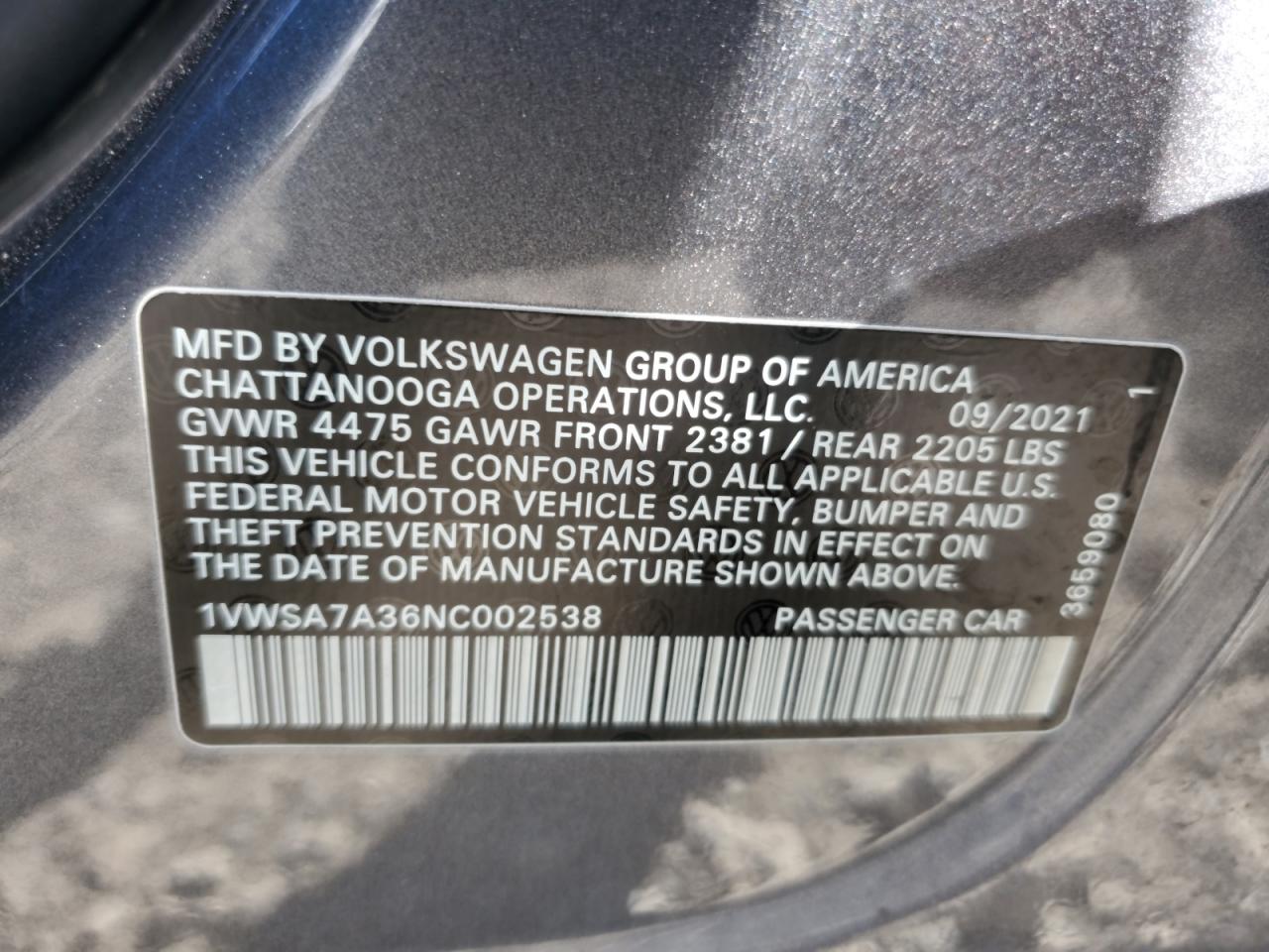 2022 Volkswagen Passat Se VIN: 1VWSA7A36NC002538 Lot: 82271495