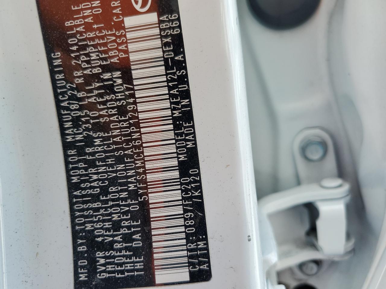 2022 Toyota Corolla Se VIN: 5YFS4MCE6NP129417 Lot: 85351085