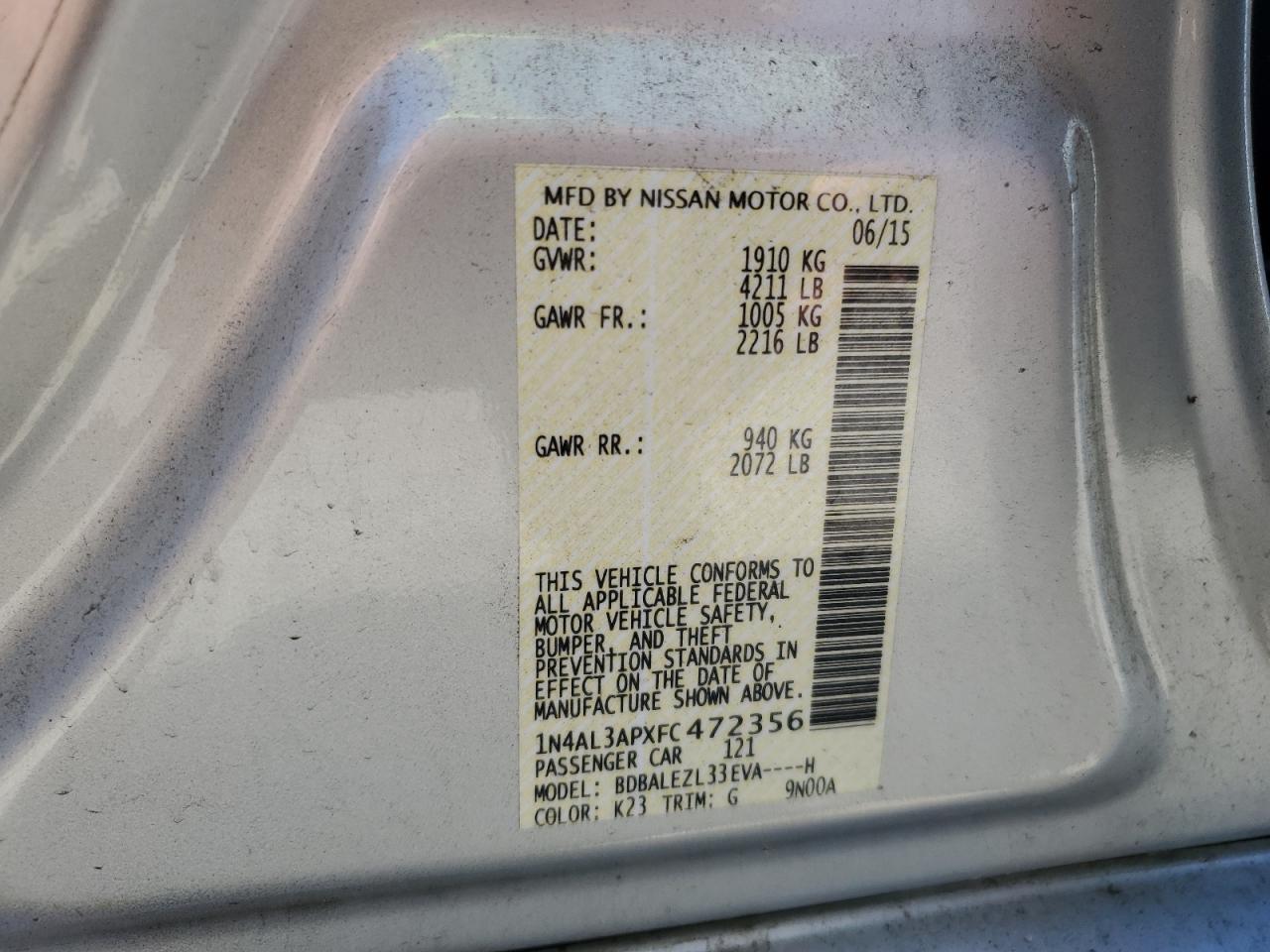 2015 Nissan Altima 2.5 VIN: 1N4AL3APXFC472356 Lot: 84944605