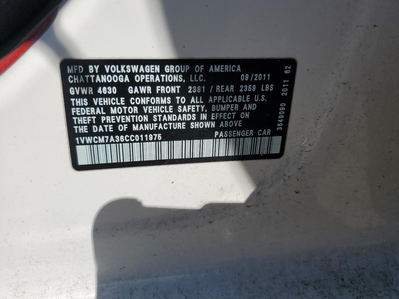 2012 Volkswagen Passat Sel VIN: 1VWCM7A36CC011975 Lot: 85645965