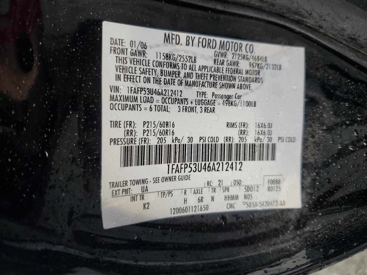 2006 Ford Taurus Se VIN: 1FAFP53U46A212412 Lot: 84812005