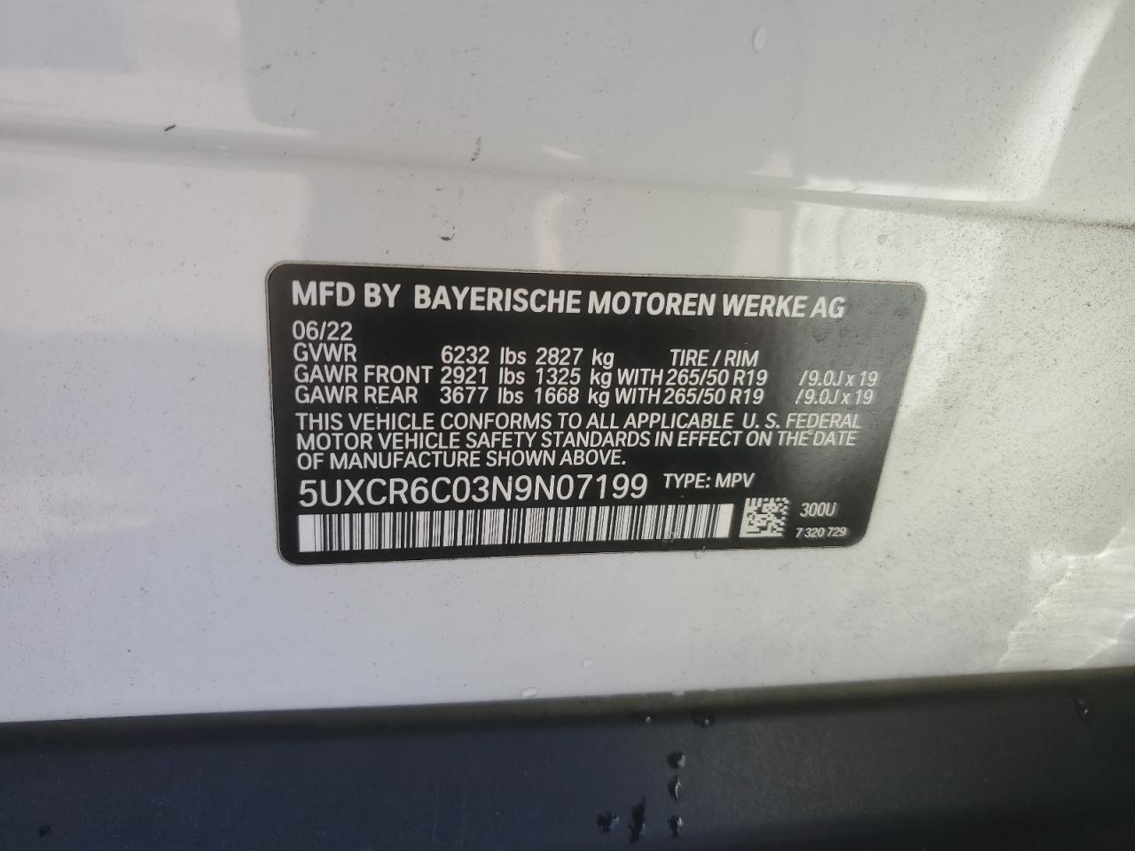 2022 BMW X5 xDrive40I VIN: 5UXCR6C03N9N07199 Lot: 84208255