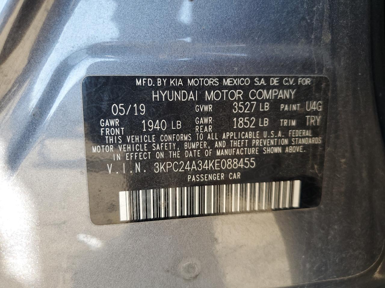 2019 Hyundai Accent Se VIN: 3KPC24A34KE088455 Lot: 84063935