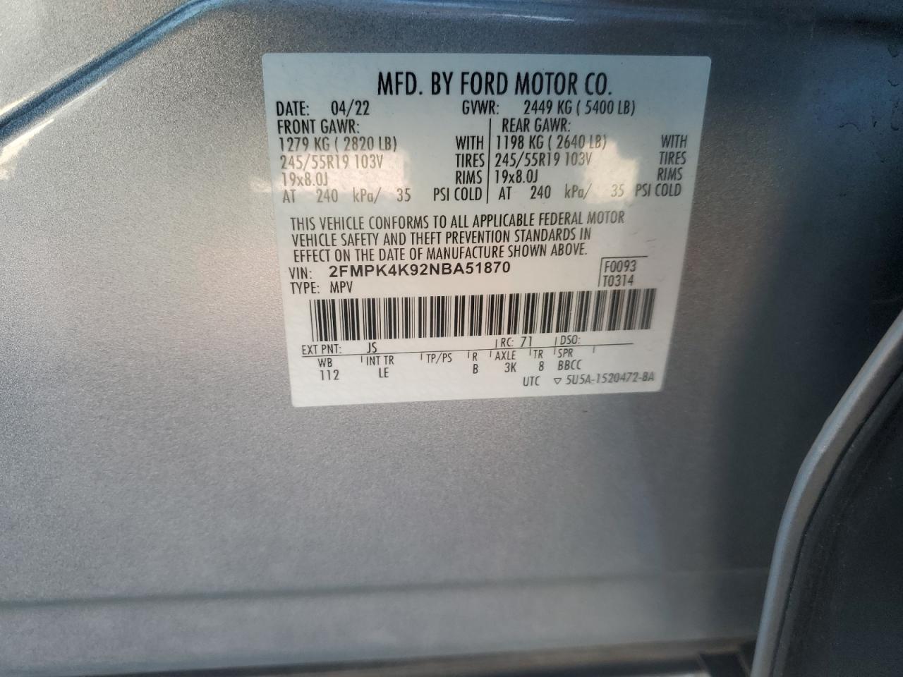 2022 Ford Edge Titanium VIN: 2FMPK4K92NBA51870 Lot: 81958225