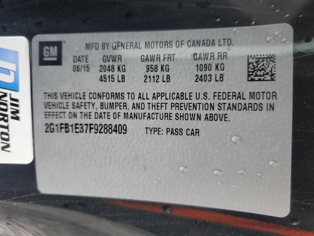 2015 Chevrolet Camaro Ls VIN: 2G1FB1E37F9288409 Lot: 85554645