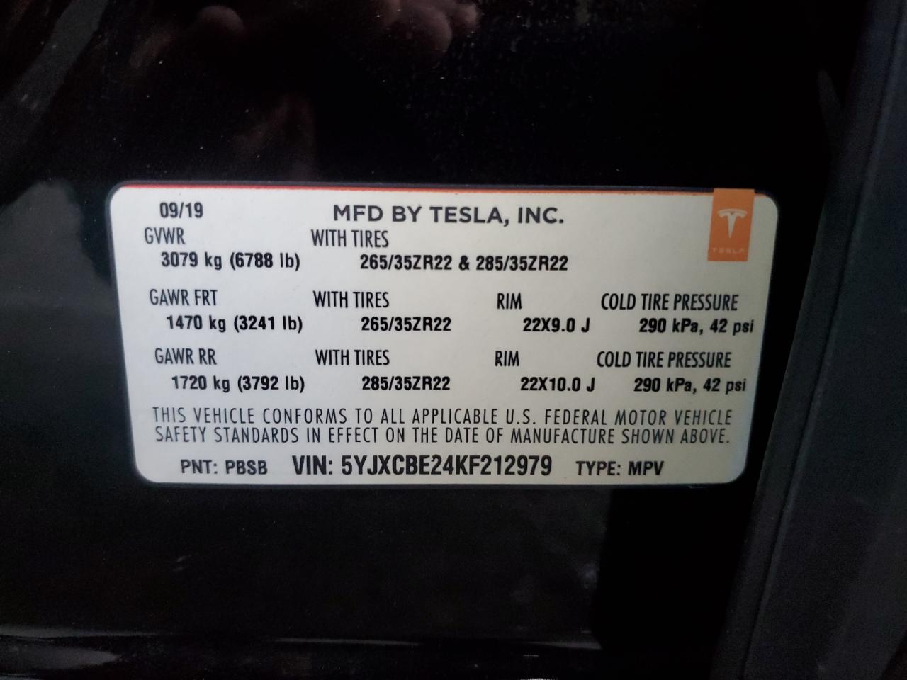 2019 Tesla Model X VIN: 5YJXCBE24KF212979 Lot: 90736085