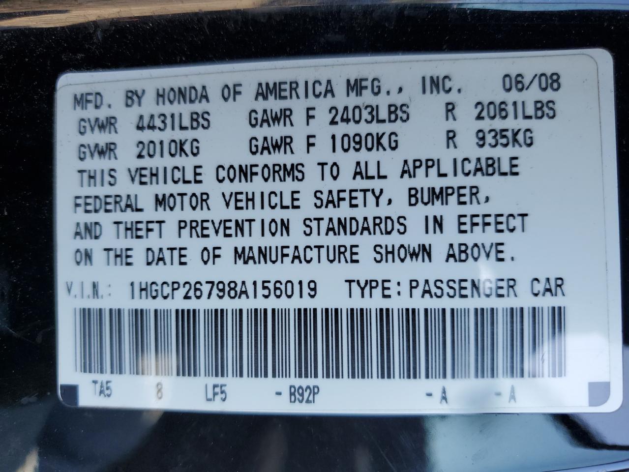 2008 Honda Accord Ex VIN: 1HGCP26798A156019 Lot: 85701035