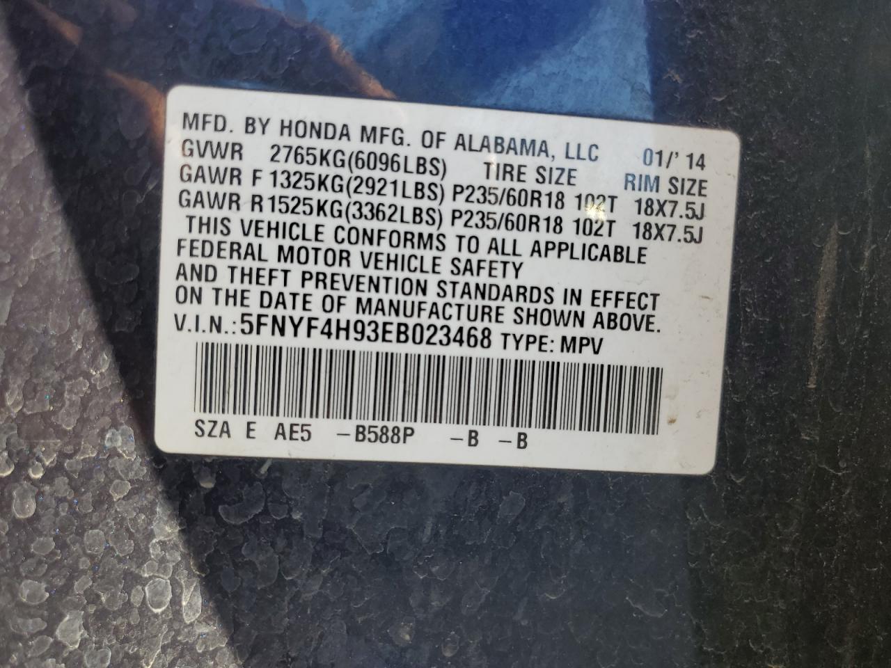 2014 Honda Pilot Touring VIN: 5FNYF4H93EB023468 Lot: 82355215