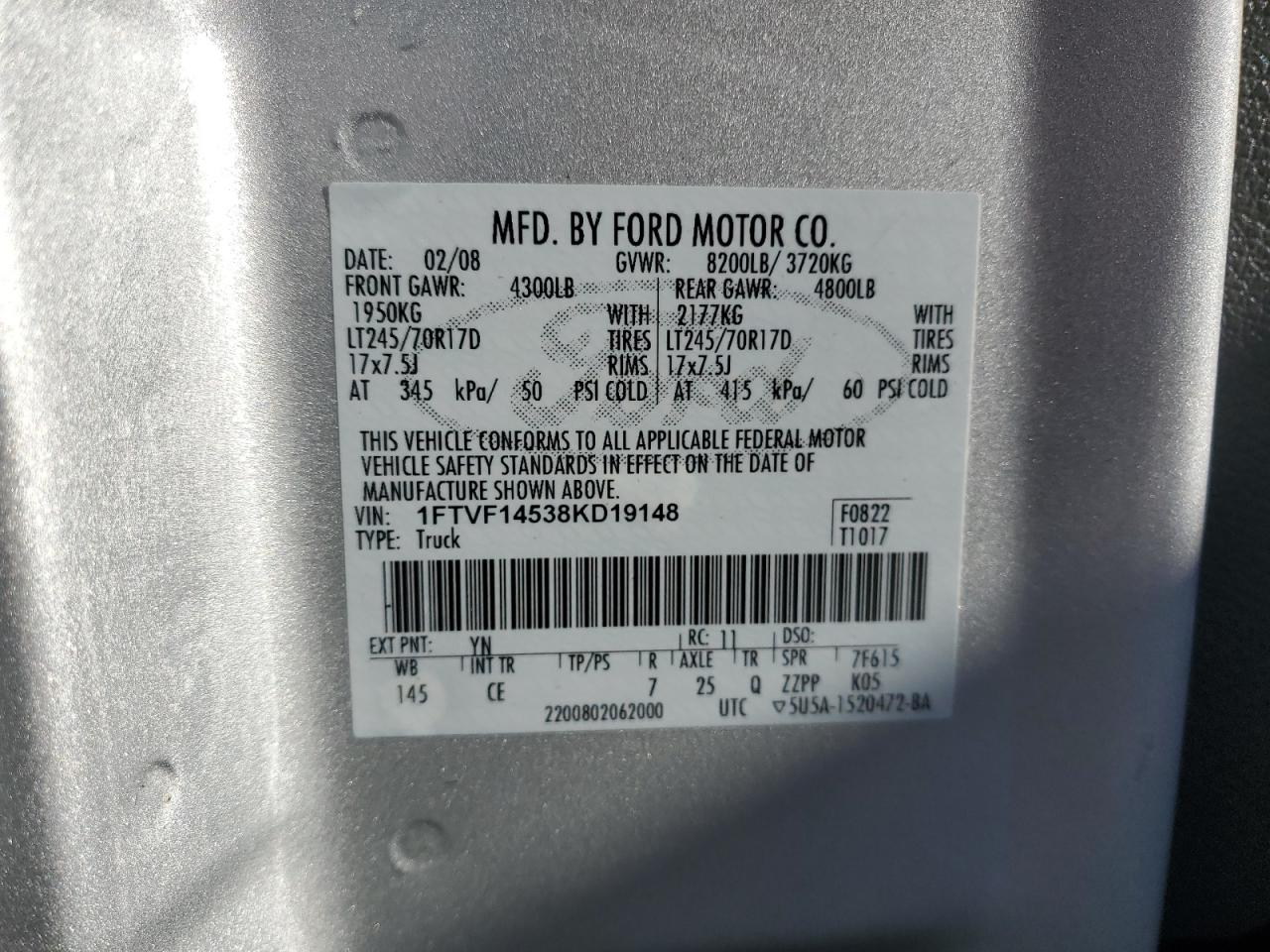 2008 Ford F150 VIN: 1FTVF14538KD19148 Lot: 85133605