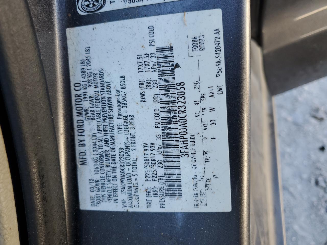 2012 Ford Fusion Sel VIN: 3FAHP0JA0CR323058 Lot: 82603675